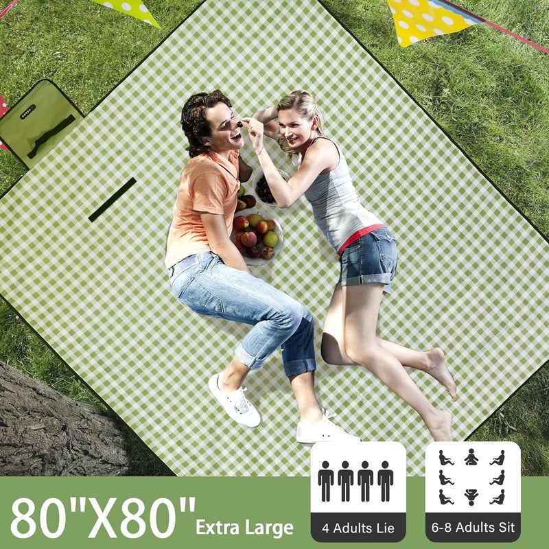 HX&OD بطانية نزهة خارجية 80"X80" بطانية نزهة كبيرة جداً بطانية تخييم بطانية شاطئ قابلة للطي مقاومة للماء حصيرة رملية للمشي والسفر للعائلة والحفلات (أخضر) - Image 2